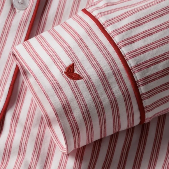 Petite Plume Pima Pajama Set In Antique Red Size Large Striped Embroidered EUC - Picture 7 of 16